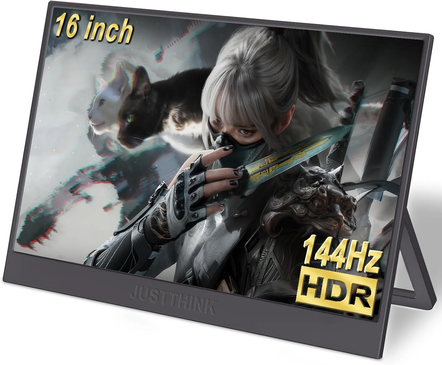 مانیتور قابل حمل ۱۶ اینچی JUSTTHINK با کیفیت 1200P FHD، دارای پایه، دو پورت USB-C، مینی HDMI، بلندگوهای داخلی، صفحه نمایش خارجی مسافرتی