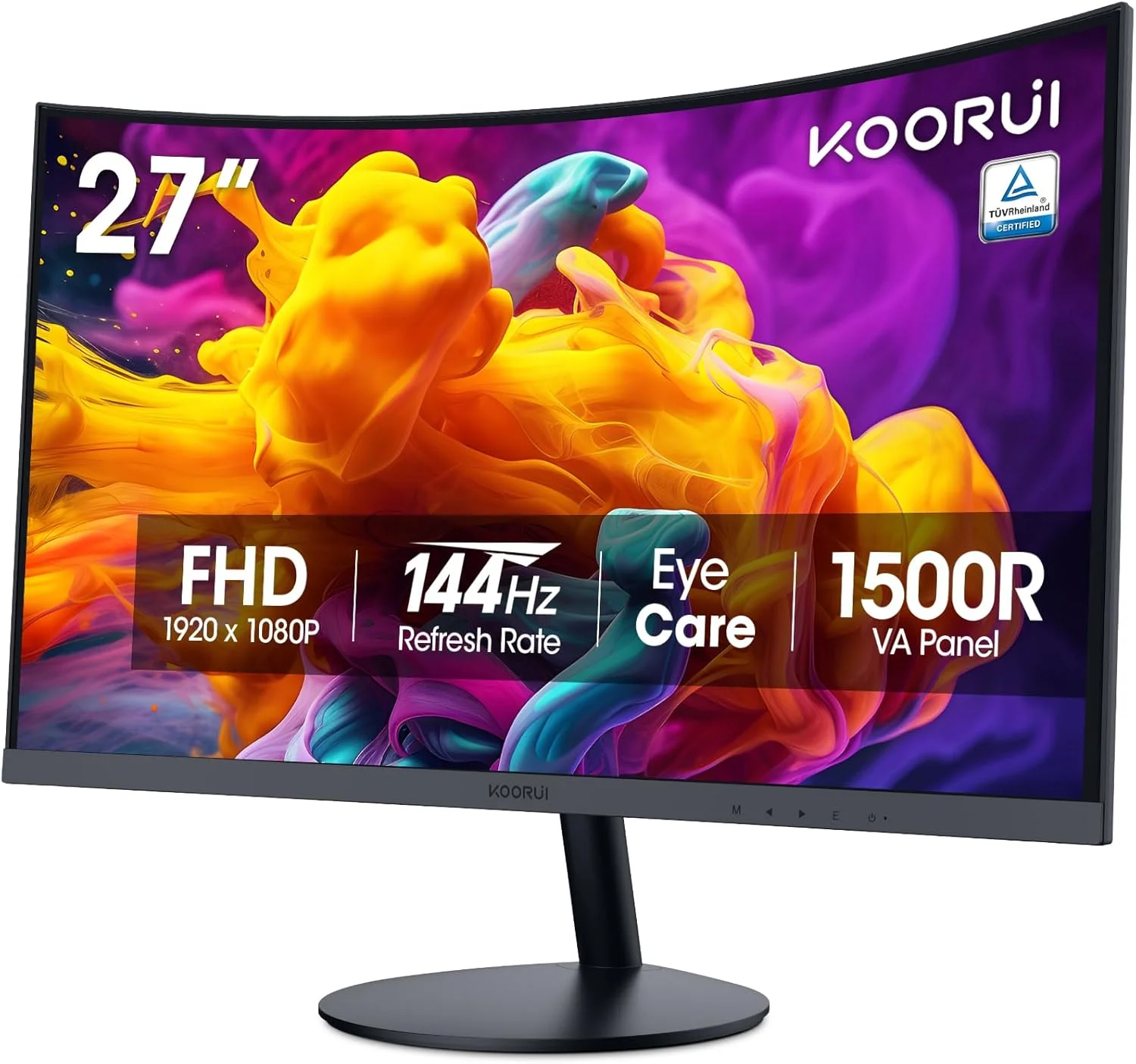 مانیتور خمیده 27 اینچی KOORUI FHD 1080P 144Hz مناسب بازی و کاربری اداری، صفحه نمایش 1500R PC با HDMI VGA، دارای گواهی Eye Care TÜV Rheinland، قابلیت تنظیم شیب، مشکی.