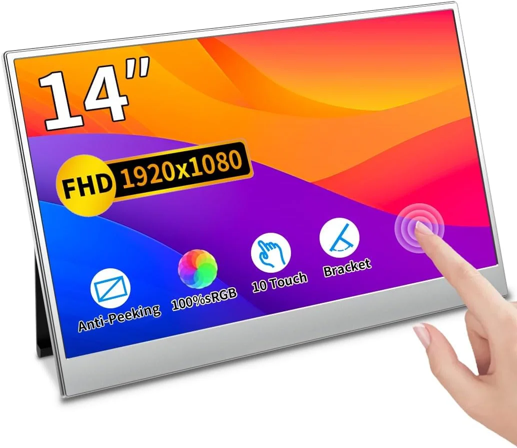 مانیتور لمسی قابل حمل ۱۴ اینچی، صفحه نمایش خارجی ۱۰۸۰P با پوشش ۱۰۰% sRGB HDR IPS با USB C/HDMI/Mini DP برای لپ تاپ، مک، کامپیوتر و کنسول بازی