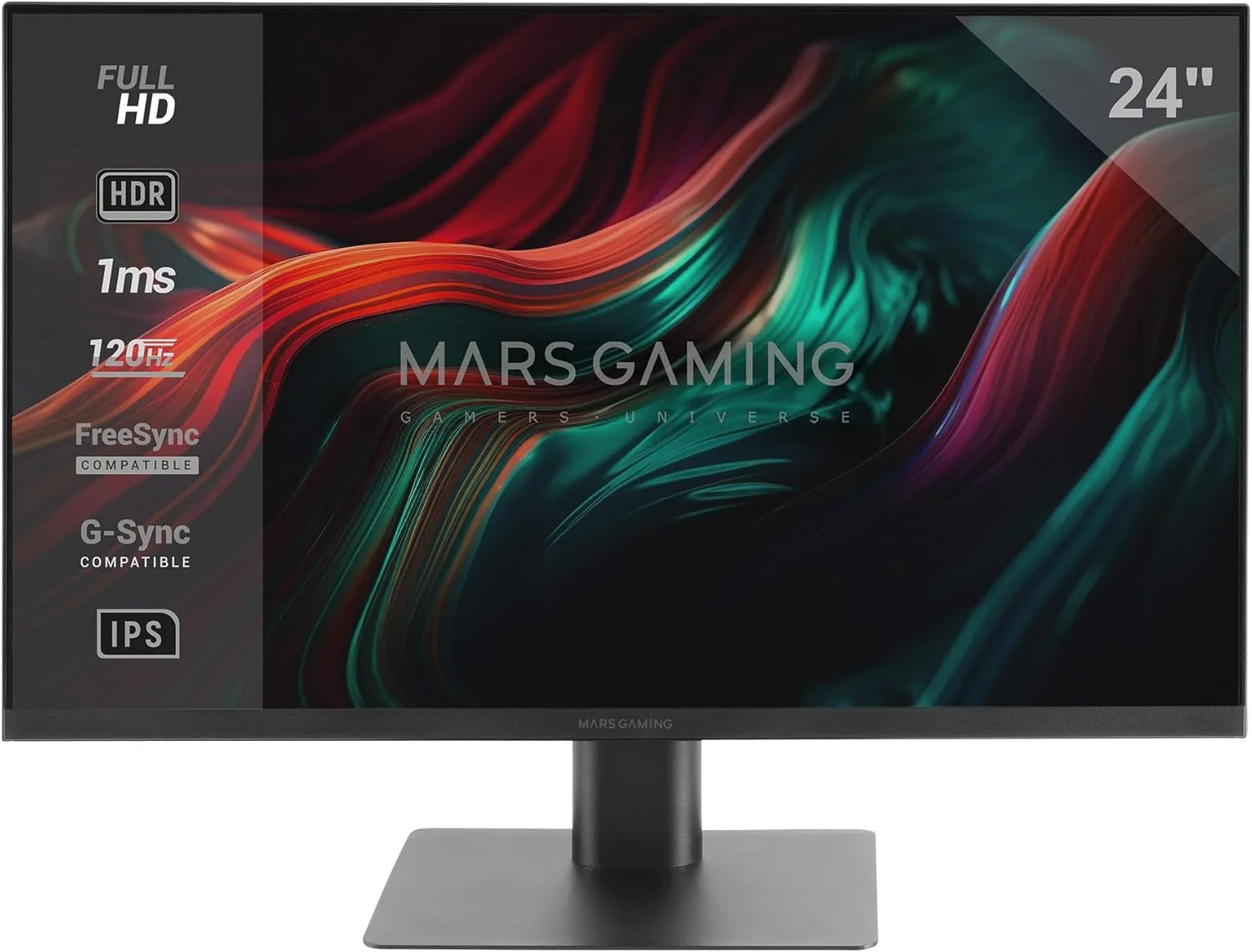 مانیتور گیمینگ 24 اینچ مارس گیمینگ MV-24، IPS FHD 120Hz، HDR10 1ms، FreeSync و G-Sync، صفحه نمایش PC با بلندگوهای داخلی، شیب 25 درجه، نور آبی کم و بدون پرش، HDMI + DisplayPort + جک 3.5 میلی متری، مشکی