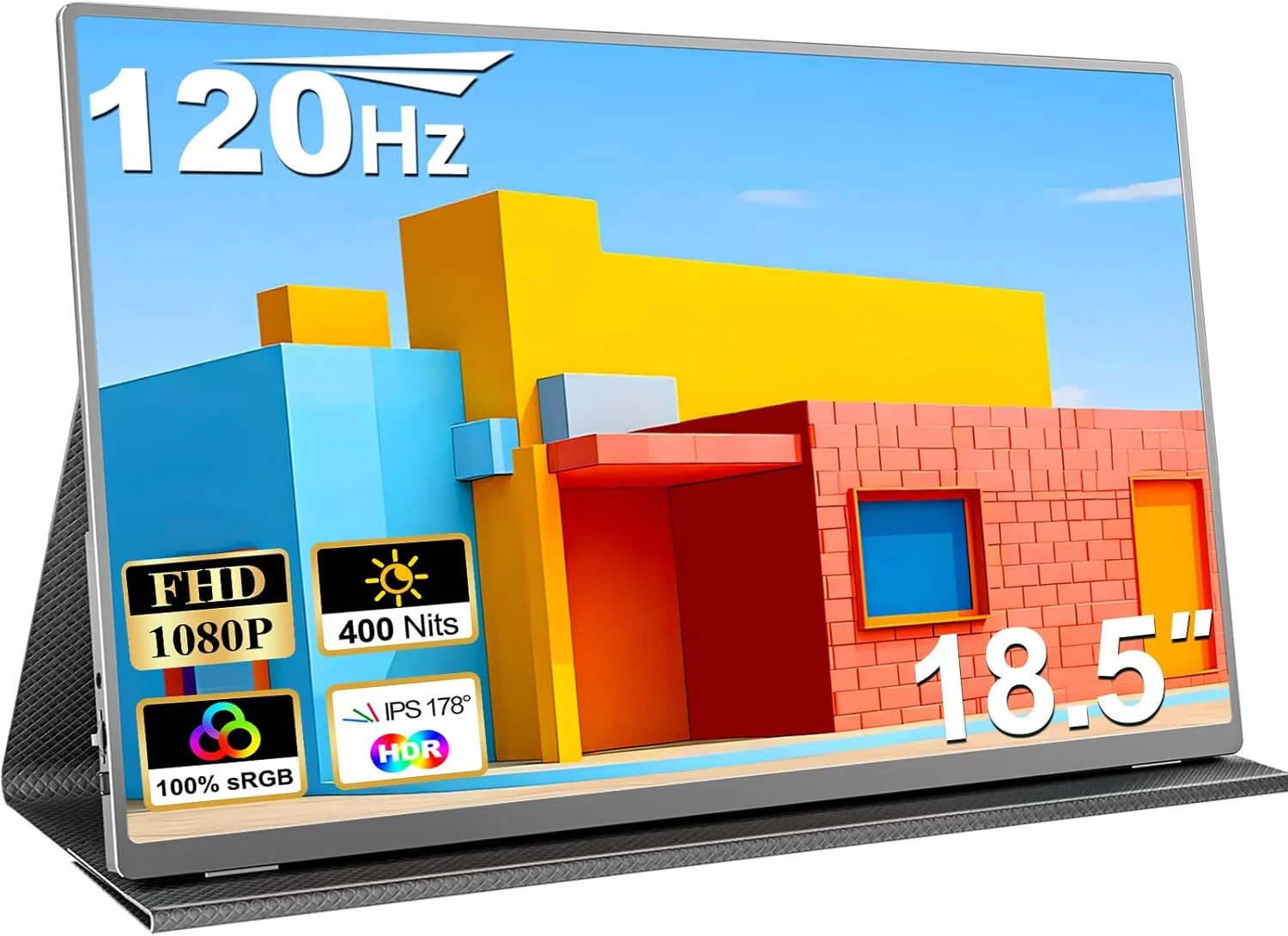 مانیتور قابل حمل 18.5 اینچی برای لپ تاپ، 1080P FHD 120 هرتز 100% sRGB USB-C HDMI مانیتور مسافرتی برای لپ تاپ مک PC Xbox PS4/5 سوییچ، صفحه نمایش قابل حمل با پوشش هوشمند، سازگار با VESA