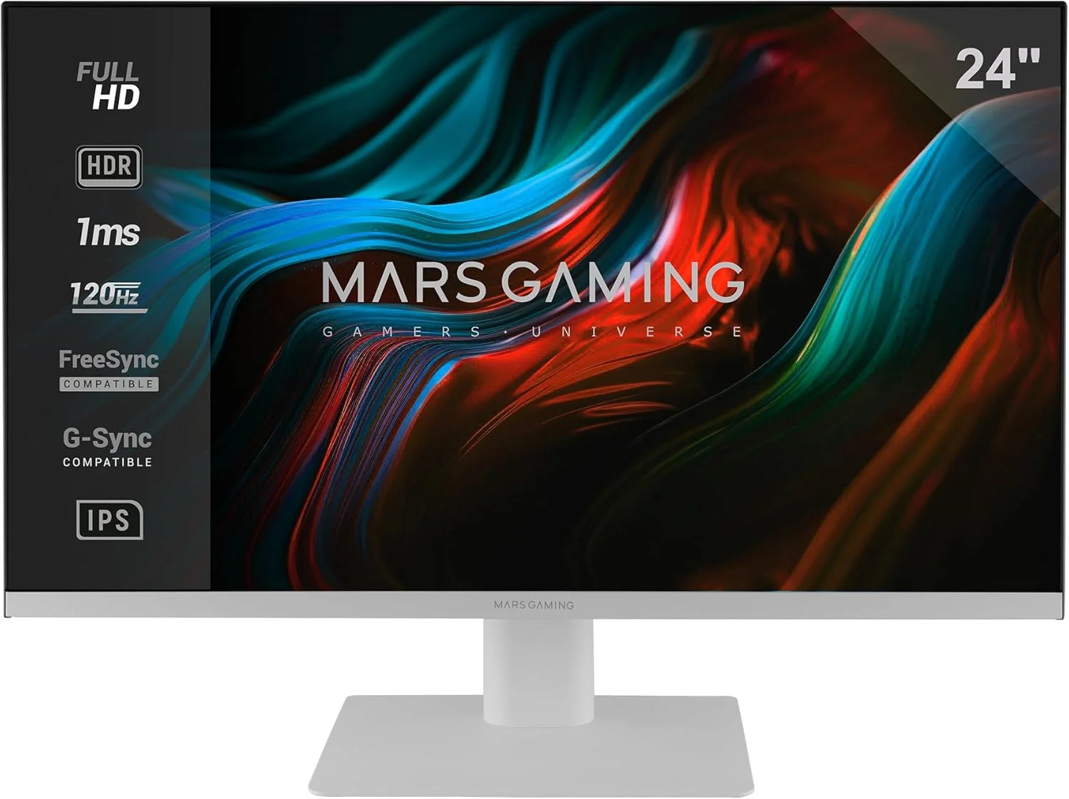 مانیتور گیمینگ 24 اینچ Mars Gaming MV-24، IPS FHD 120Hz، HDR10 1ms، FreeSync و G-Sync، صفحه نمایش PC با بلندگوهای داخلی، شیب 25 درجه، نور آبی کم و بدون پرش، HDMI + DisplayPort + جک 3.5 میلی متری، سفید