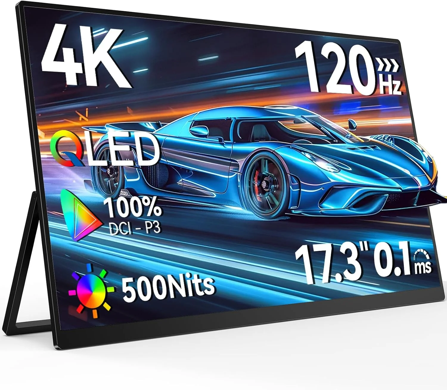 مانیتور قابل حمل 4K QLED نیوزول 120 هرتز، مانیتور گیمینگ 17.3 اینچ، پوشش 100% DCI-P3، کنتراست 2000:1، IPS سریع 0.1ms، پایه داخلی، VESA، اسپیکر، صفحه نمایش قابل حمل USB-C HDMI برای لپ تاپ، تلفن، کنسول بازی