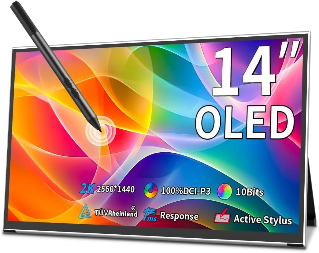 مانیتور قابل حمل OLED ۱۴ اینچ 2K | نمایشگر لمسی قابل حمل با رزولوشن 2560x1440 | پوشش ۱۰۰% DCI-P3 | عمق رنگ ۱۰ بیت | پشتیبانی از قلم AES | فوق العاده باریک | دارای پایه نگهدارنده | مانیتور گیمینگ با زمان پاسخگویی ۱ میلی ثانیه