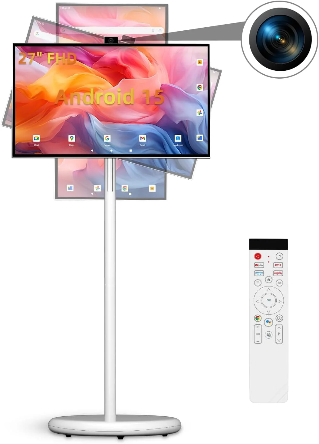 تلویزیون قابل حمل 27 اینچ، مانیتور لمسی هوشمند 1080P، اندروید 15، 6 گیگابایت رم + 128 گیگابایت حافظه داخلی، دارای گواهی EDLA، باتری 4 ساعته، صفحه نمایش چرخان و ارتفاع قابل تنظیم، پخش بی سیم، کنترل از راه دور صوتی