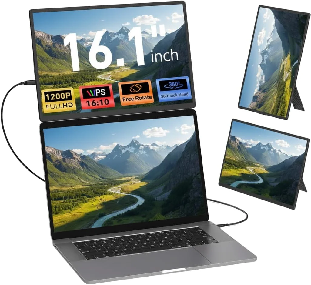 اکستندر مانیتور لپ‌تاپ قابل حمل ۱۶.۱ اینچی، نمایشگر FHD 1200P با نسبت تصویر ۱۶:۱۰ به همراه پایه با قابلیت تنظیم ارتفاع، چرخش ۳۶۰ درجه و بالابر عمودی، صفحه نمایش قابل حمل USB-C/HDMI Plug & Play برای لپ‌تاپ، تلفن و تبلت