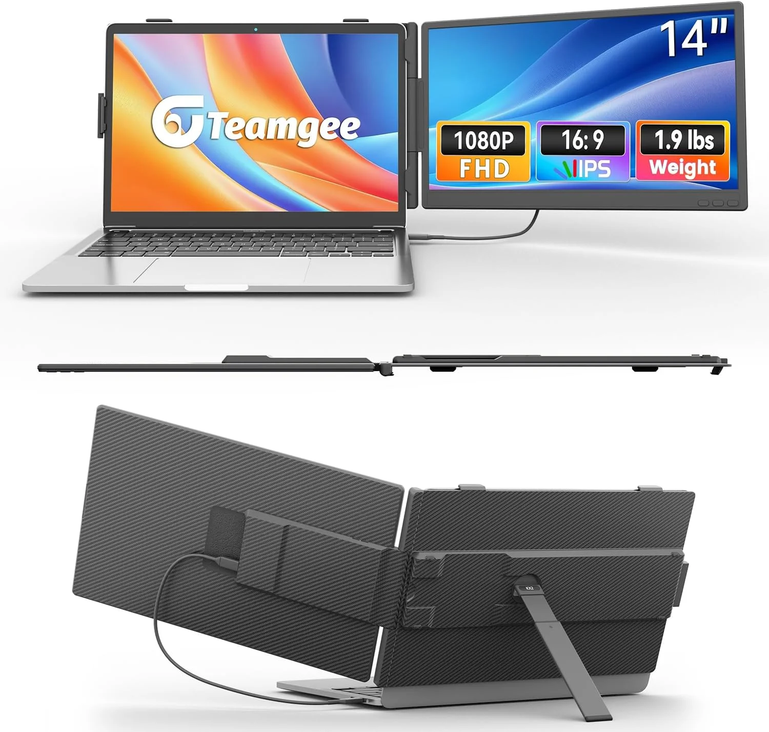 اکستندر صفحه نمایش لپ تاپ 14 اینچی Teamgee، اکستندر مانیتور لپ تاپ FHD 1080P، مانیتور قابل حمل برای لپ تاپ های 13-17.3 اینچی با پورت USB-C/HDMI، Plug & Play برای ویندوز/مک/اندروید/سوییچ/PS5