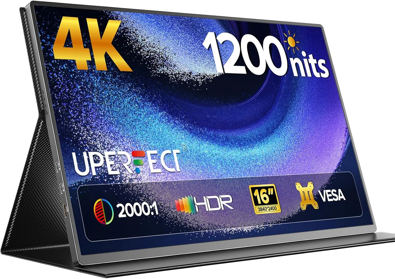 مانیتور قابل حمل 16 اینچی UPERFECT 4K | مانیتور لپ تاپ 1200 نیت | 3840 * 2400 UHD | کنتراست 2000:1 | USB-C و HDMI | VESA و کیف هوشمند | صفحه نمایش مسافرتی برای کامپیوتر، مینی پی سی، کنسول های بازی