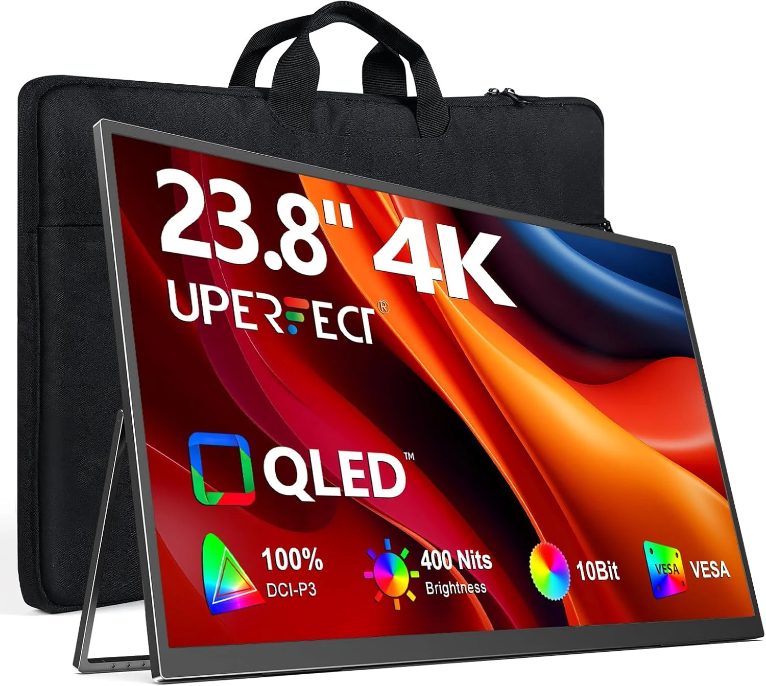 مانیتور قابل حمل 23.8 اینچی UPERFECT 4K QLED | مانیتور بزرگ 24 اینچی 400 نیت | 3840 * 2160 UHD 100% DCI-P3 | 1MS FreeSync | USB-C و HDMI | VESA و پایه نگهدارنده | صفحه نمایش دوم برای کامپیوتر، مینی پی سی، کنسول های بازی