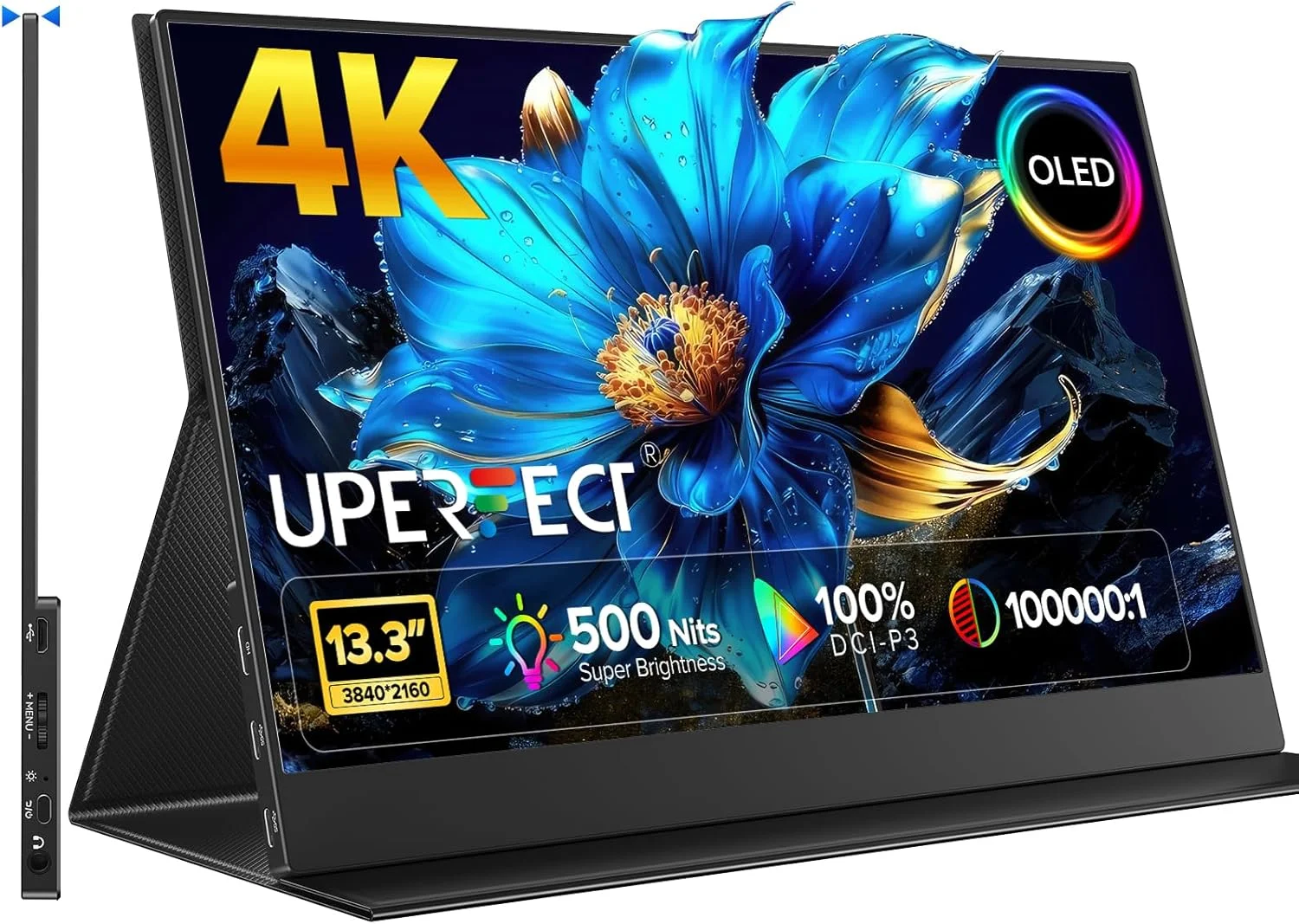 مانیتور قابل حمل 4K OLED یوپرفکت، نمایشگر لپ تاپ 13.3 اینچی UHD 3840x2160، پوشش 100% DCI-P3، روشنایی 500 نیت، زمان پاسخگویی 1 میلی ثانیه، طراحی آلومینیومی فوق العاده باریک، مانیتور مسافرتی USB-C و HDMI برای کامپیوتر، تلفن و کنسول بازی