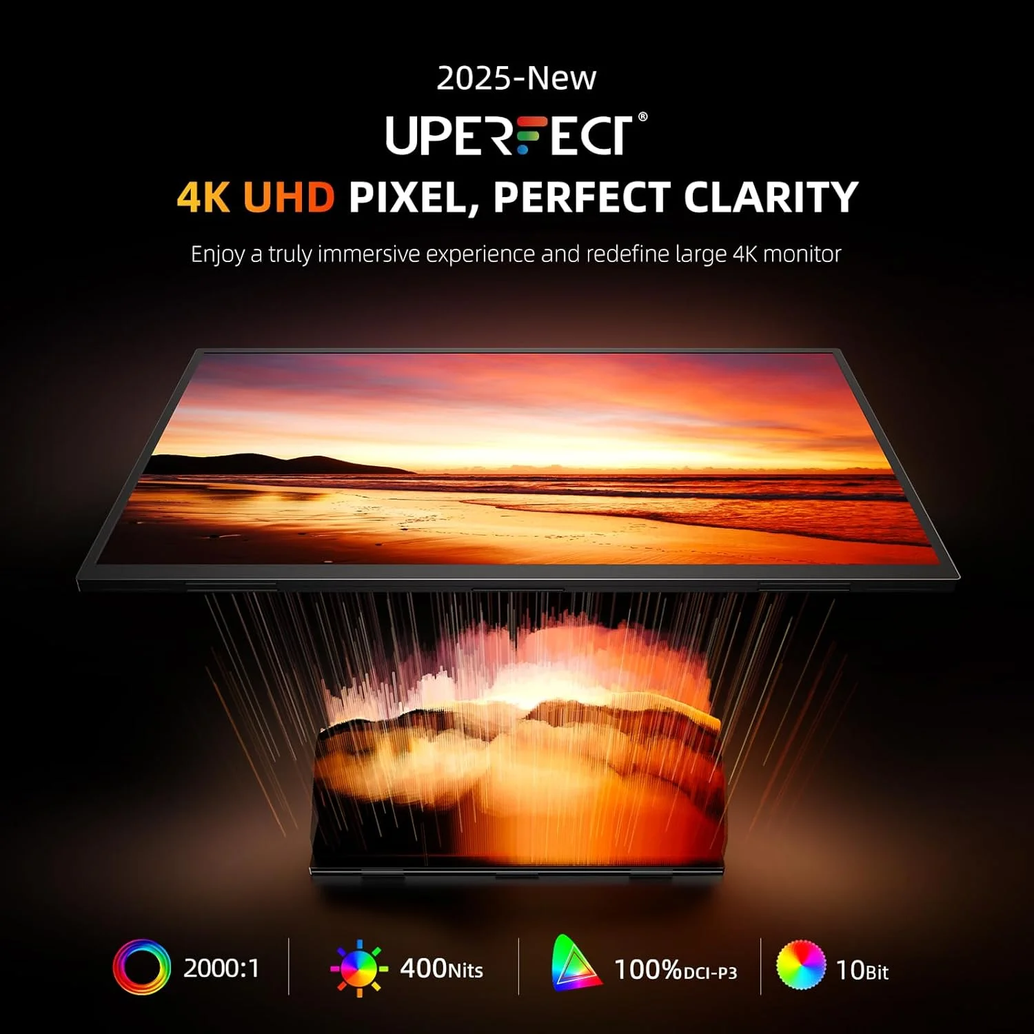 مانیتور قابل حمل 23.8 اینچی UPERFECT 4K QLED | مانیتور بزرگ 24 اینچی 400 نیت | 3840 * 2160 UHD 100% DCI-P3 | 1MS FreeSync | USB-C و HDMI | VESA و پایه نگهدارنده | صفحه نمایش دوم برای کامپیوتر، مینی پی سی، کنسول های بازی