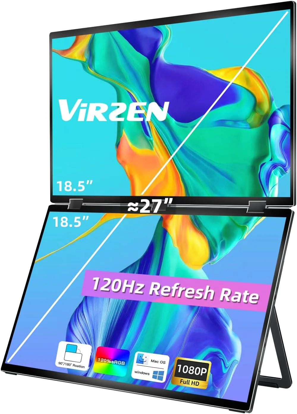 اکستندر سه گانه صفحه نمایش 120 هرتز 18.5 اینچی قابل حمل FHD 1080P تاشو، مانیتور مسافرتی پشته ای با چرخش خودکار برای لپ تاپ، پایه نگهدارنده، قابل نصب VESA (بدون نیاز به درایور)