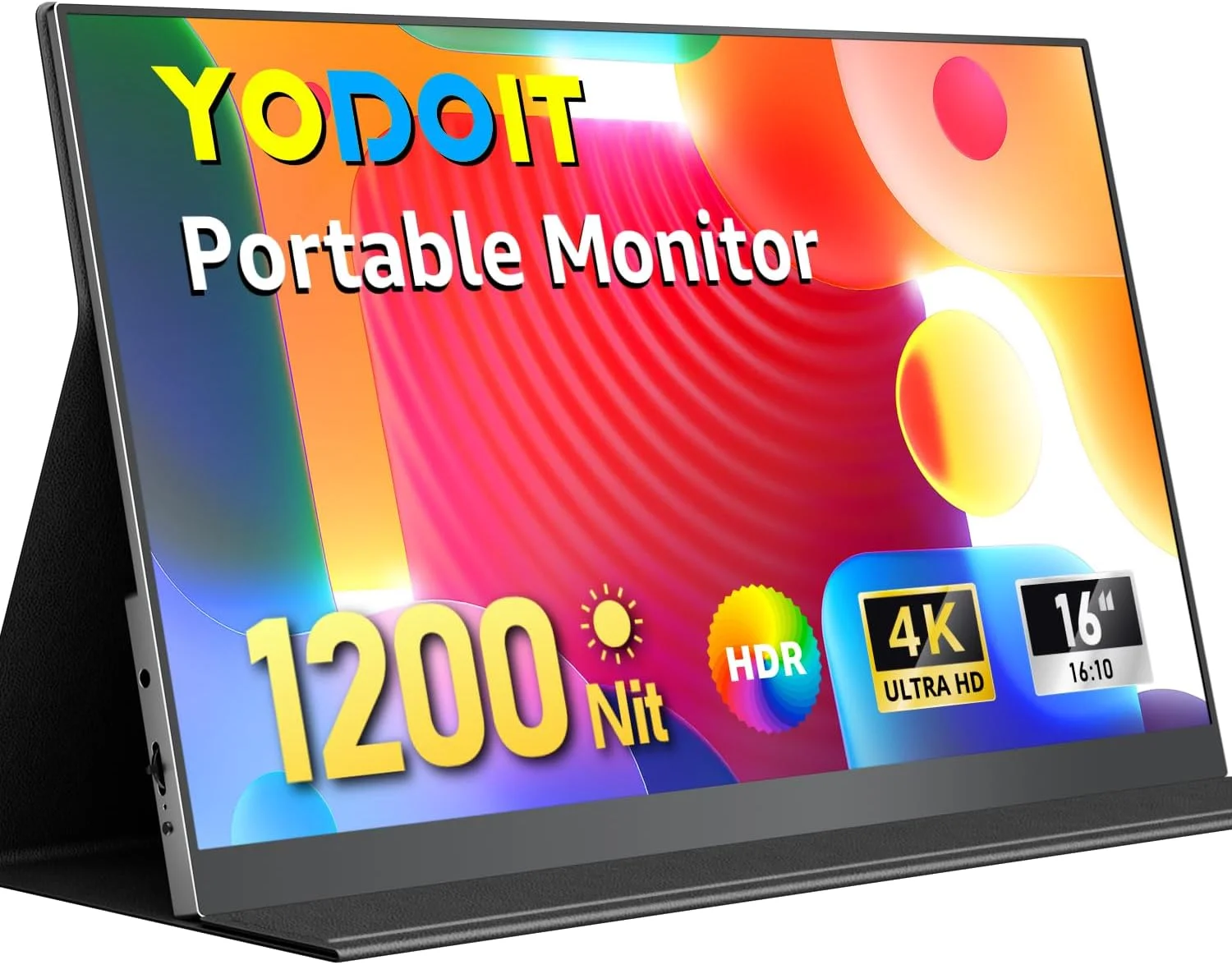 مانیتور قابل حمل 16 اینچ 4K یودوئیت، صفحه نمایش 3840 در 2400 UHD با روشنایی 1200 نیت، دارای کاور هوشمند، نمایشگر IPS با Type C و Mini-HDMI، بلندگوهای داخلی، سازگار با PC، لپ تاپ، مک بوک، PS3/4/5