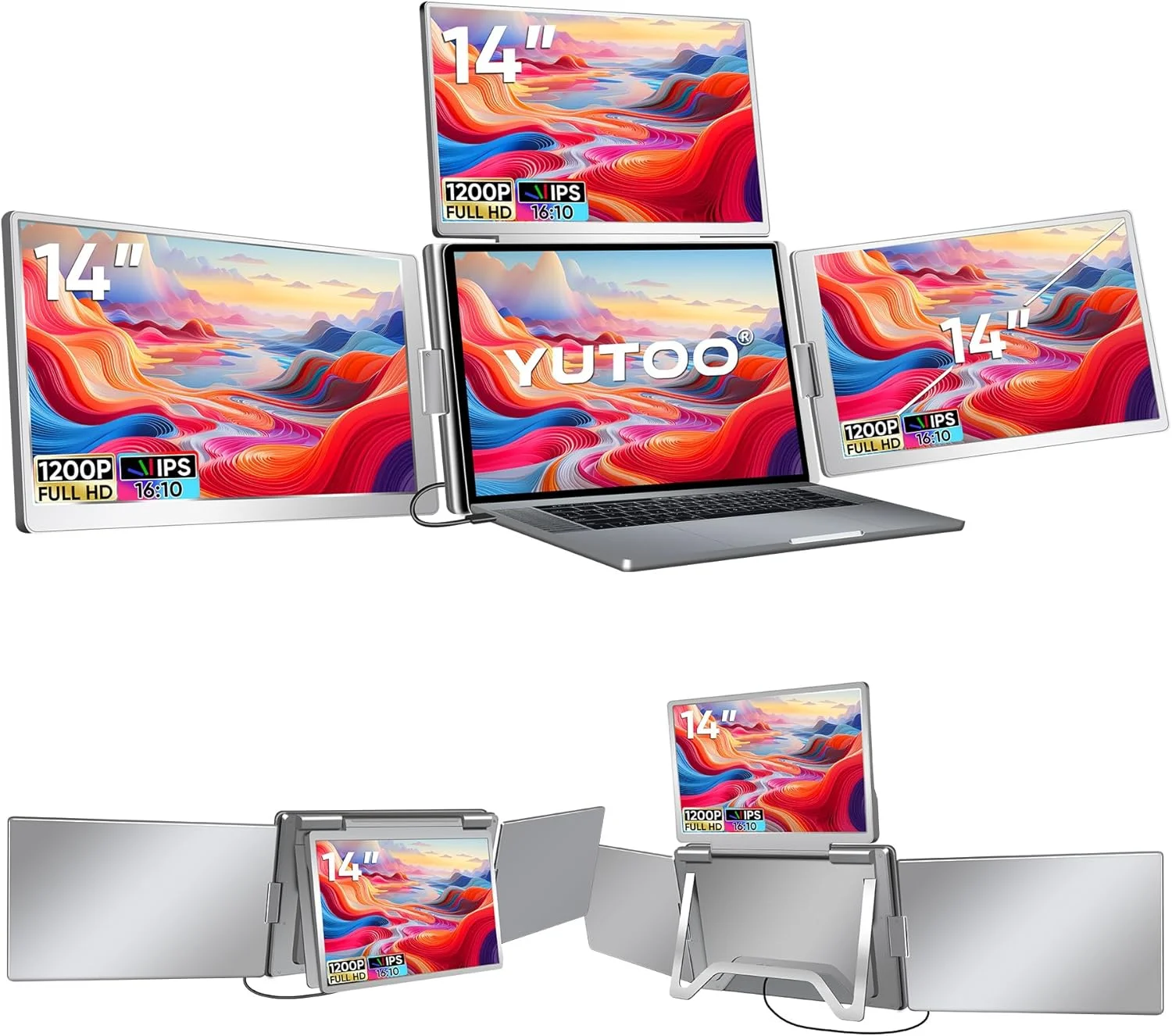 گسترش دهنده مانیتور لپ تاپ 4 صفحه ای Yutoo | برای لپ تاپ های 12 تا 18 اینچی M1 M2 M3 1200P FHD IPS با نمایشگر چهارگانه Macbook/Windows/Switch/Ps5، نیاز به یک کابل و نصب درایور
