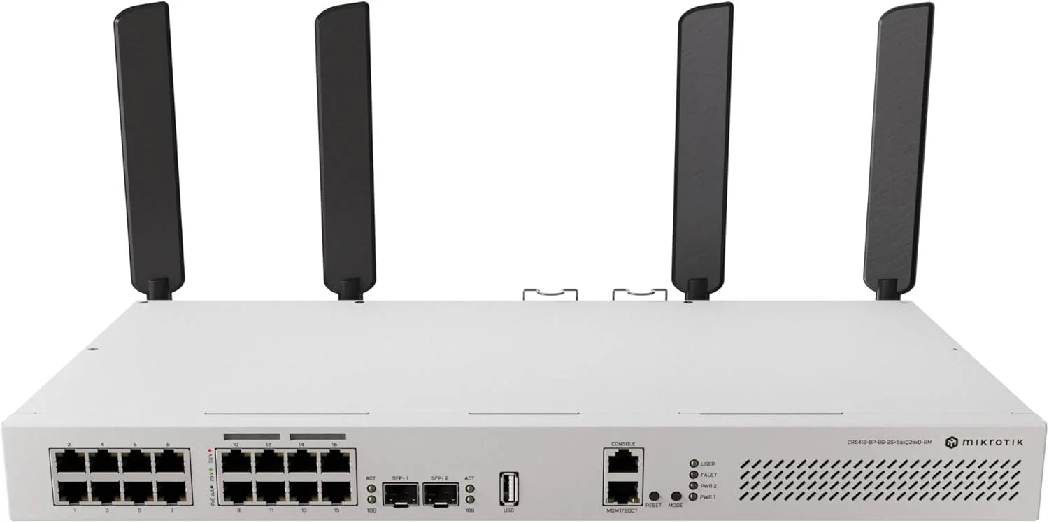 MikroTik CRS418-8P-8G-2S+5axQ2axQ-RM – روتر سوئیچ Wi-Fi 6 با 16 پورت PoE-Out، دو پورت 10G SFP+ و دو AP 5axQ