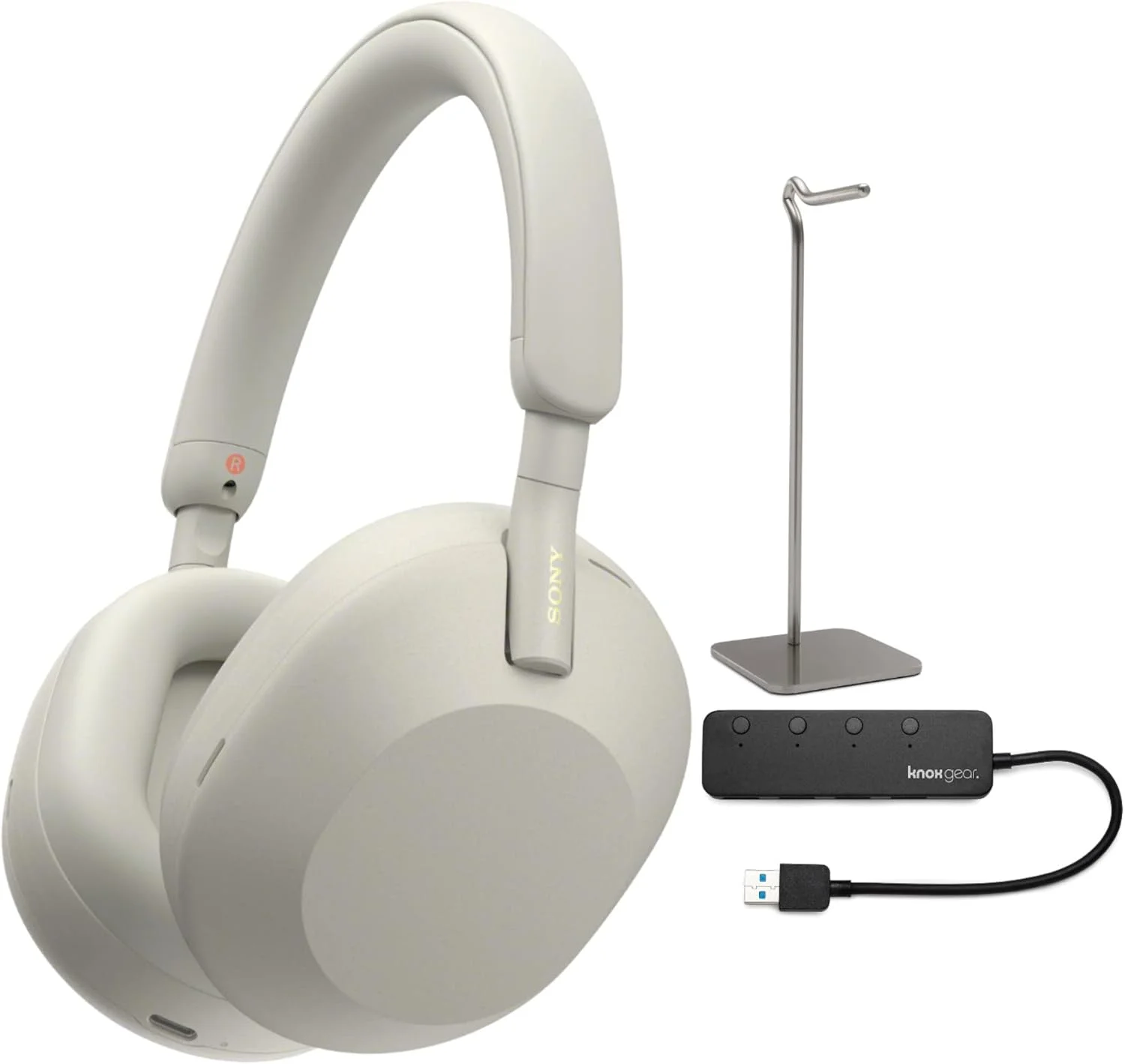 هدفون بی‌سیم دور گوشی حذف نویز سونی مدل WH-1000XM5 (نقره‌ای) به همراه هاب USB 3.0 چهار پورت Knox Gear و پایه هدفون آلیاژی (3 قطعه)