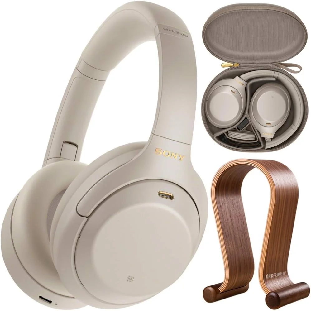 هدفون بی‌سیم دور گوشی سونی مدل WH1000XM4/S با قابلیت حذف نویز به همراه پایه نگهدارنده چوبی هدفون دکو گیر و کیف حمل محافظ