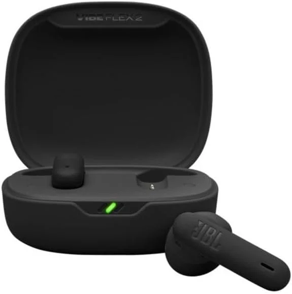 هدفون بی سیم بلوتوثی داخل گوشی JBL Vibe Flex 2 مشکی با محفظه شارژ، عمر باتری 40 ساعته، صدای هوشمند محیطی، میکروفون داخلی، تماس هندزفری، مقاوم در برابر پاشش آب، مناسب برای ورزش