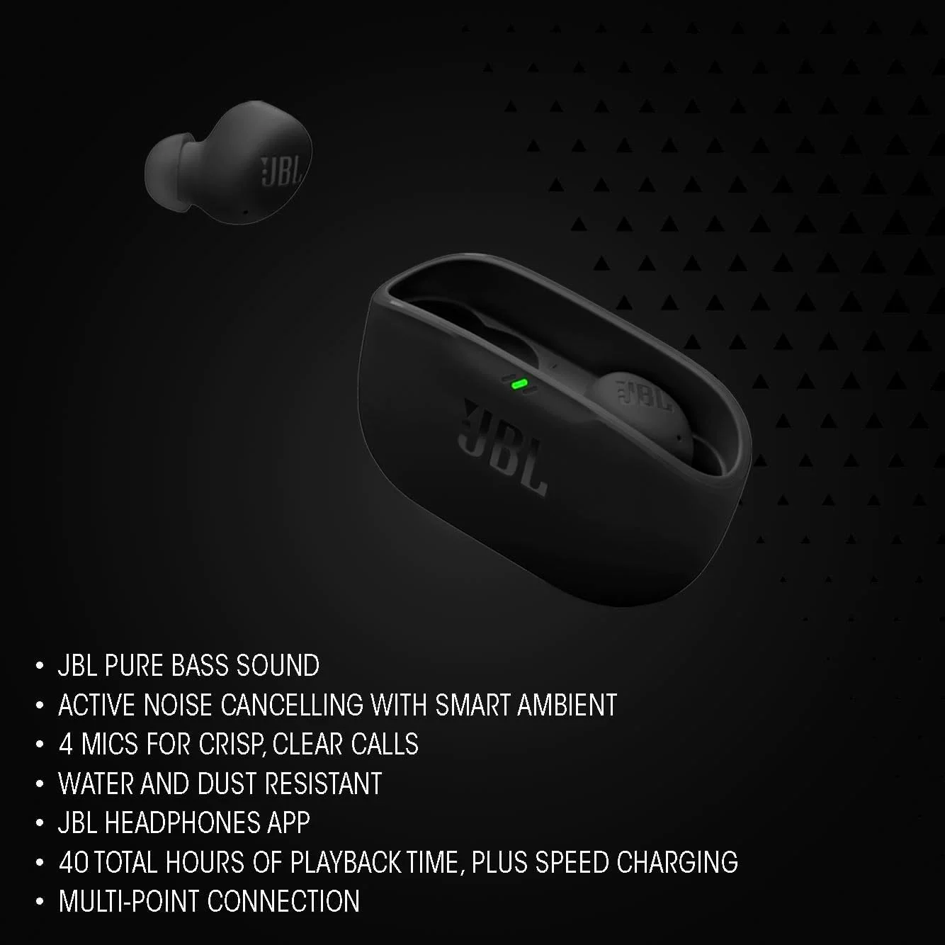 هدفون بی‌سیم JBL Vibe Buds 2 با قابلیت حذف نویز، صدای Pure Bass و فناوری Smart Ambient، دارای 4 میکروفون برای تماس‌های شفاف، تا 40 ساعت پخش موسیقی، مقاوم در برابر گرد و غبار و آب IP54 (مشکی)