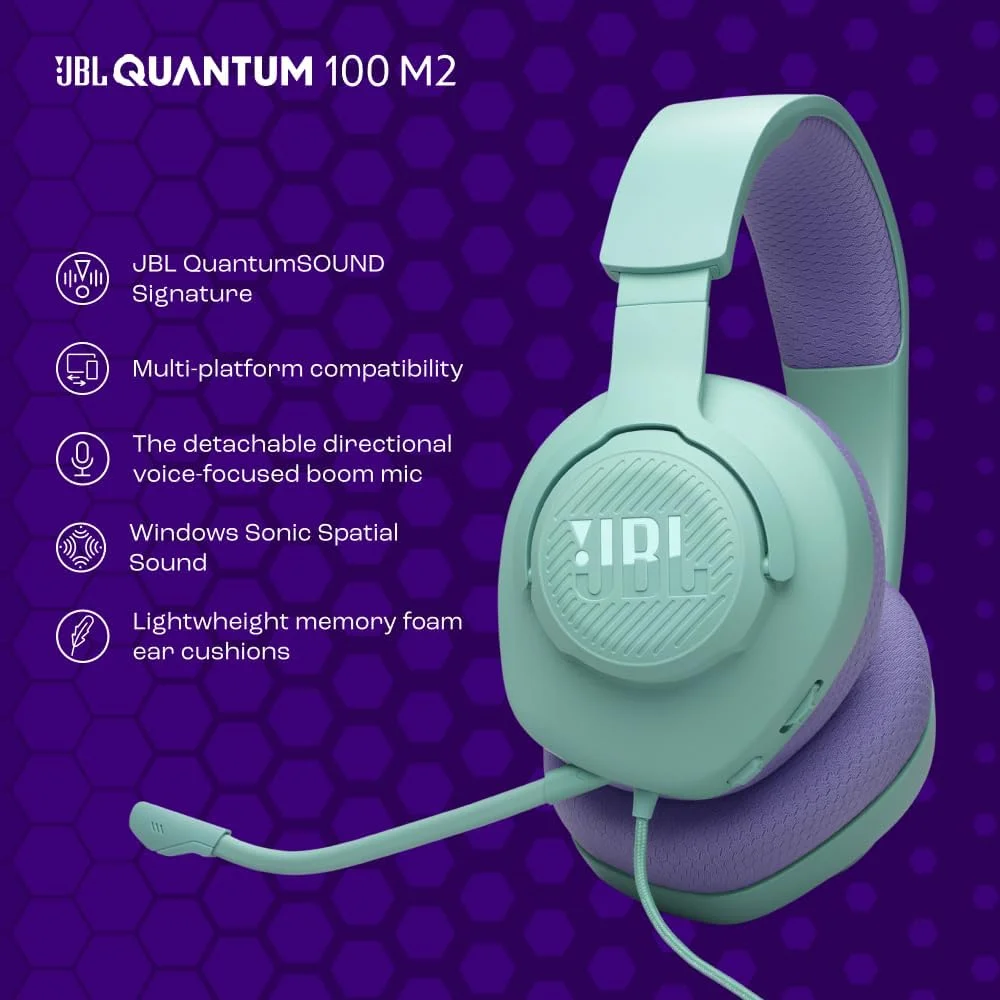 هدست گیمینگ سیمی JBL Quantum 100M2 با صدای JBL QuantumSOUND، جک 3.5 میلی‌متری، سازگاری چند پلتفرمی و میکروفون جداشدنی با گزینه بی‌صدا، فیروزه‌ای