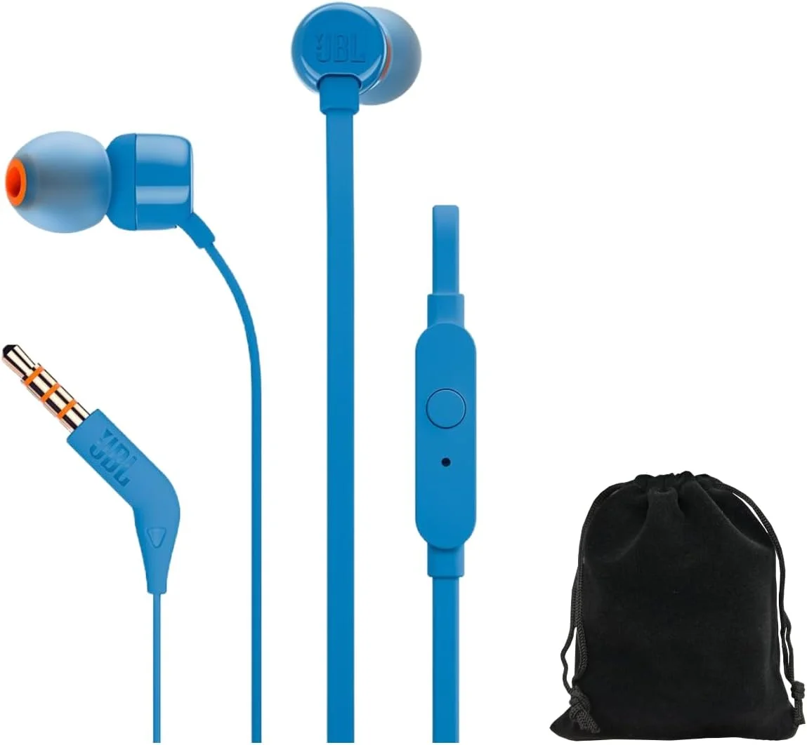 هدفون داخل گوشی JBL Tune T160، صدای Pure Bass، ریموت تک دکمه ای با میکروفون، کابل تخت بدون گره خوردگی، آبی، شامل کیف حمل