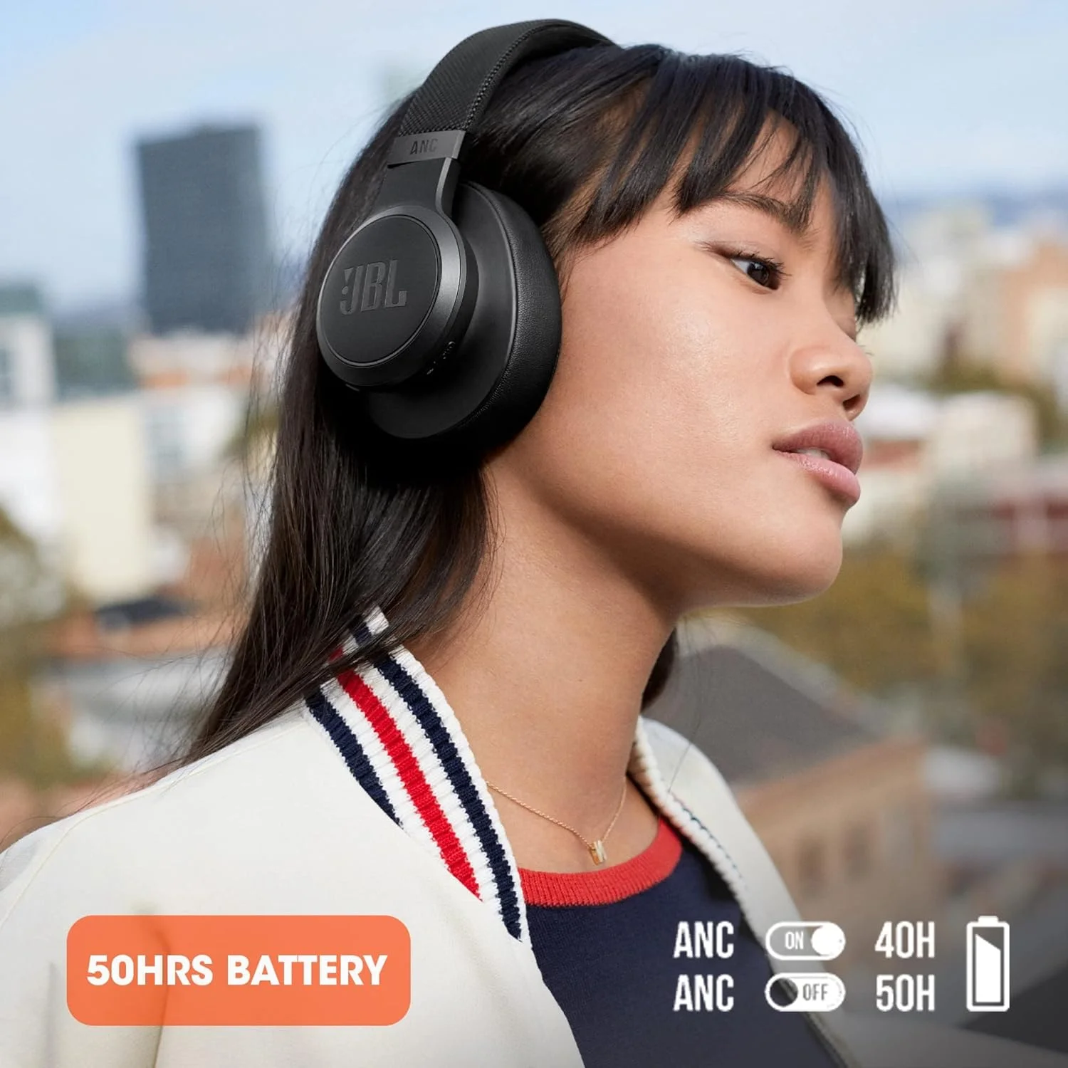 هدفون بی سیم روگوشی JBL Live 660NC با قابلیت حذف نویز، صدای قدرتمند JBL Signature، ANC + Ambient Aware، دستیار صوتی، باتری 50 ساعته، طراحی راحت، کیف حمل - سفید، JBLLIVE660NCWHT
