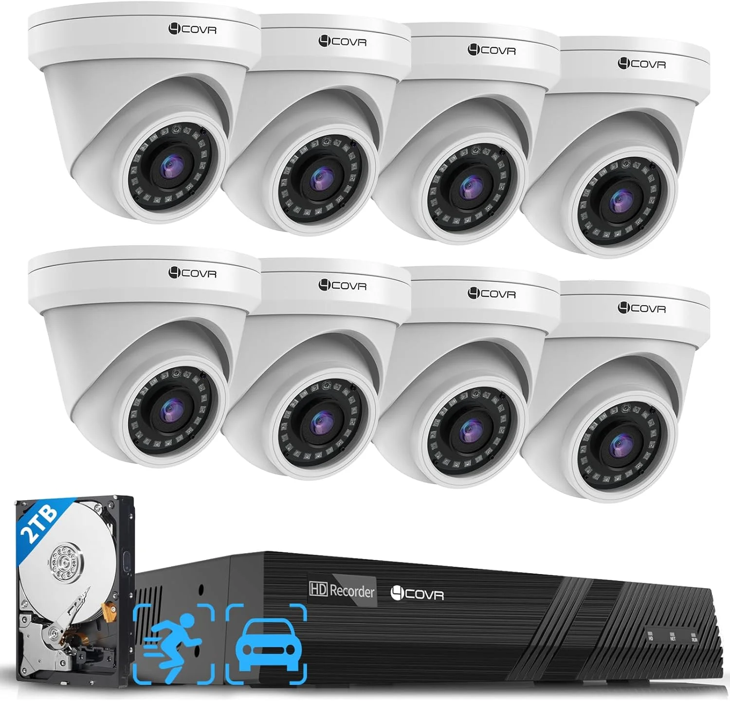سیستم دوربین مداربسته 4COVR PoE مناسب فضای باز، NVR هشت کاناله 4K H.265 با هارد دیسک 2 ترابایتی، تشخیص انسان و وسیله نقلیه با هوش مصنوعی و دید در شب، 8 عدد دوربین دام 5 مگاپیکسلی IP67 تجاری با میکروفون داخلی، ضبط 24/7، مدل LY97AX5M0808