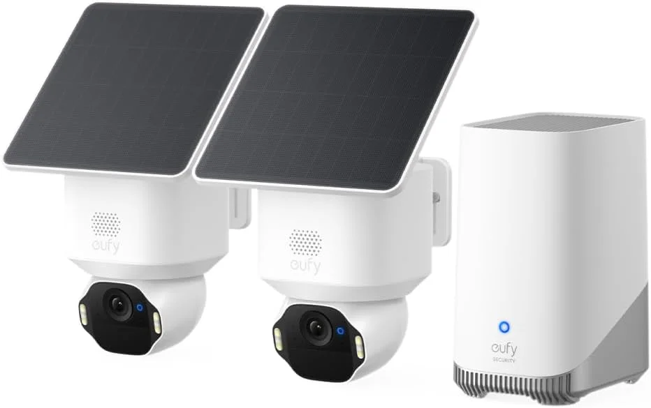 کیت دوربین امنیتی 2 عددی Eufy Security SoloCam E42 (HomeBase S380)، دوربین امنیتی 4K بی‌سیم فضای باز، دارای انرژی خورشیدی، ردیابی حرکت هوش مصنوعی، نور بارق، چرخش افقی و عمودی، تشخیص چهره، حافظه محلی تا 16 ترابایت