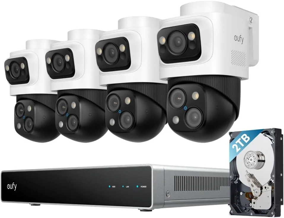 سیستم دوربین مداربسته تحت شبکه PoE مدل S4 Max با کیفیت 4K UHD و لنز سه گانه بولت-PTZ به همراه هارد درایو 2 ترابایتی، پوشش 360 درجه، قابلیت جستجوی هوشمند ویدیو، ردیابی متقابل دوربین، چراغ های قرمز و آبی، ضبط 24/7 و استاندارد IP65