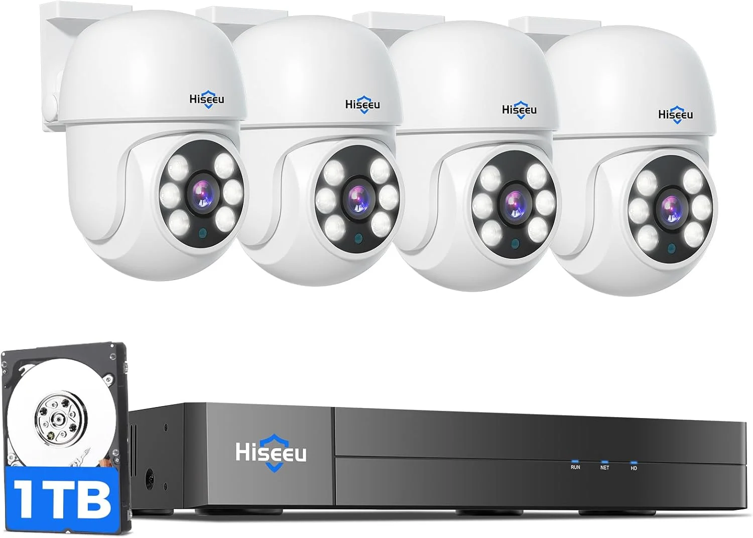 کیت دوربین مداربسته سیمی 5 مگاپیکسلی HD هایسیو، DVR هشت کاناله با هارد دیسک 1 ترابایتی و 4 دوربین 5 مگاپیکسلی فضای باز، دید در شب IR، دسترسی از راه دور، هشدار تشخیص حرکت برنامه