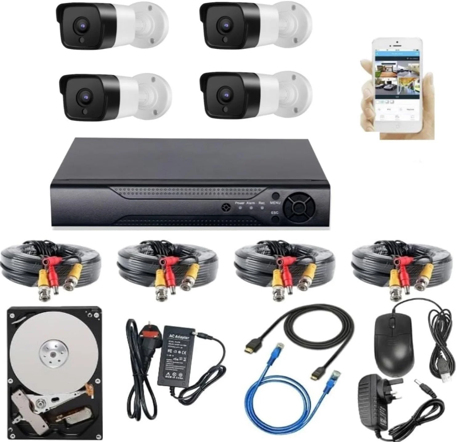 کیت سیستم دوربین مداربسته امنیتی ناپکو NP-6604S با کیفیت 1080p HD مناسب خانه و دفتر کار / DVR چهار کاناله / 4 دوربین بیرونی (گلوله ای) / هارد دیسک / 4 کابل 15 متری / دید در شب / ضد آب / اپلیکیشن اندروید و iOS