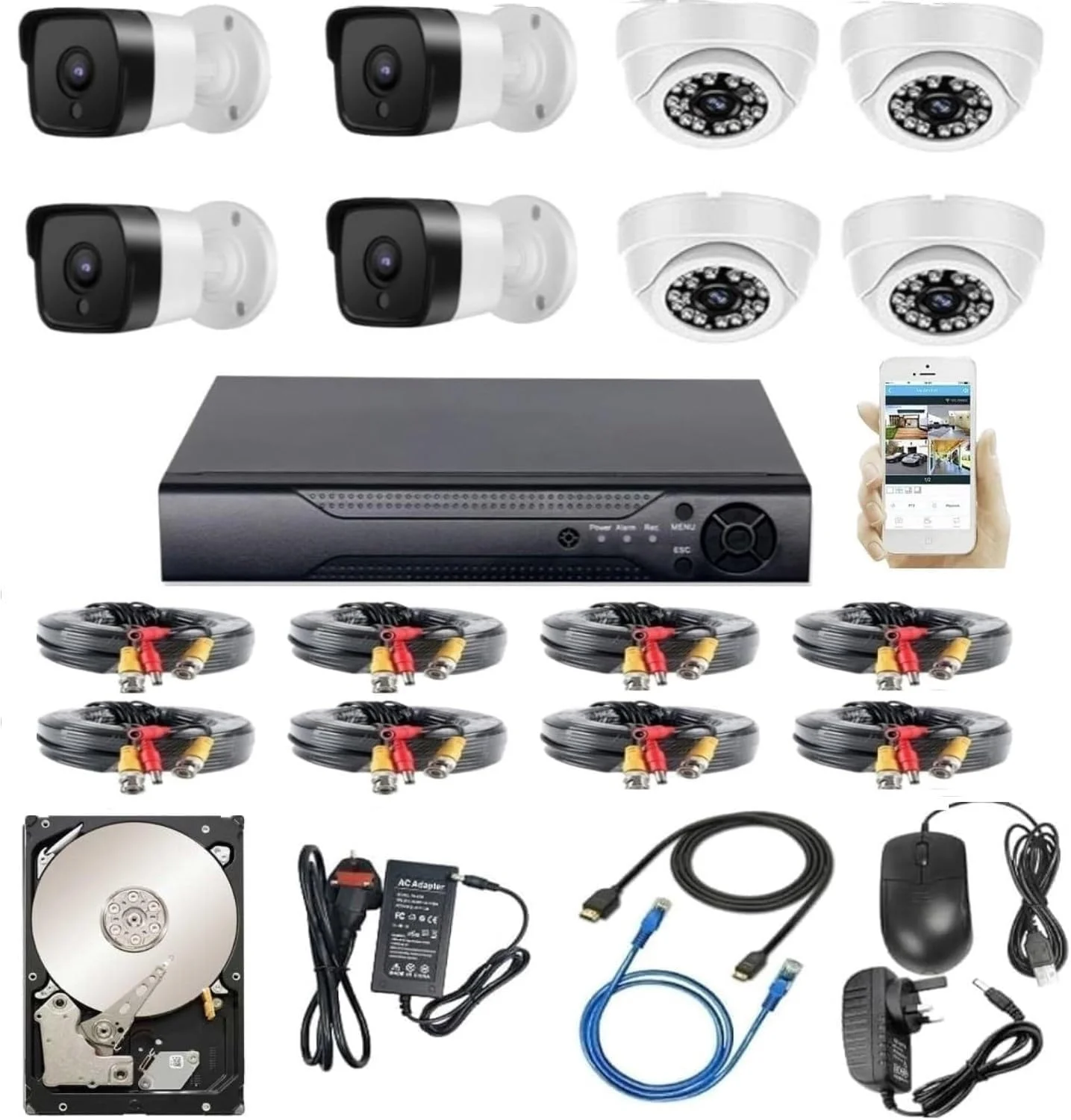 کیت سیستم دوربین مداربسته امنیتی ناپکو 1080p HD (NP-6608S) برای خانه و محل کار / DVR هشت کاناله - 8 دوربین HD / هارد دیسک / کابل 15 متری x 8 / دید در شب / ضد آب / برنامه Android و iOs.