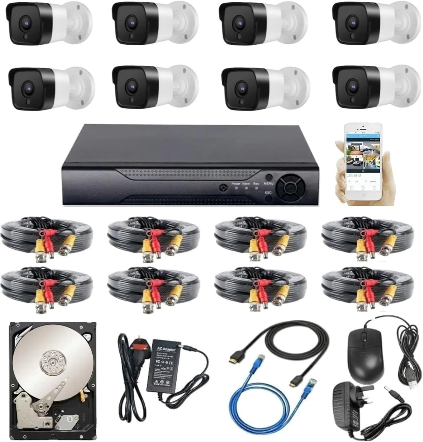 کیت سیستم دوربین مداربسته امنیتی Napco با کیفیت 1080p HD (NP-6608) برای خانه و دفتر / DVR هشت کاناله / 8 دوربین بیرونی (گلوله ای) / هارد دیسک 1 ترابایتی / کابل 15 متری x 8 / دید در شب / ضد آب / برنامه Android و iOs.
