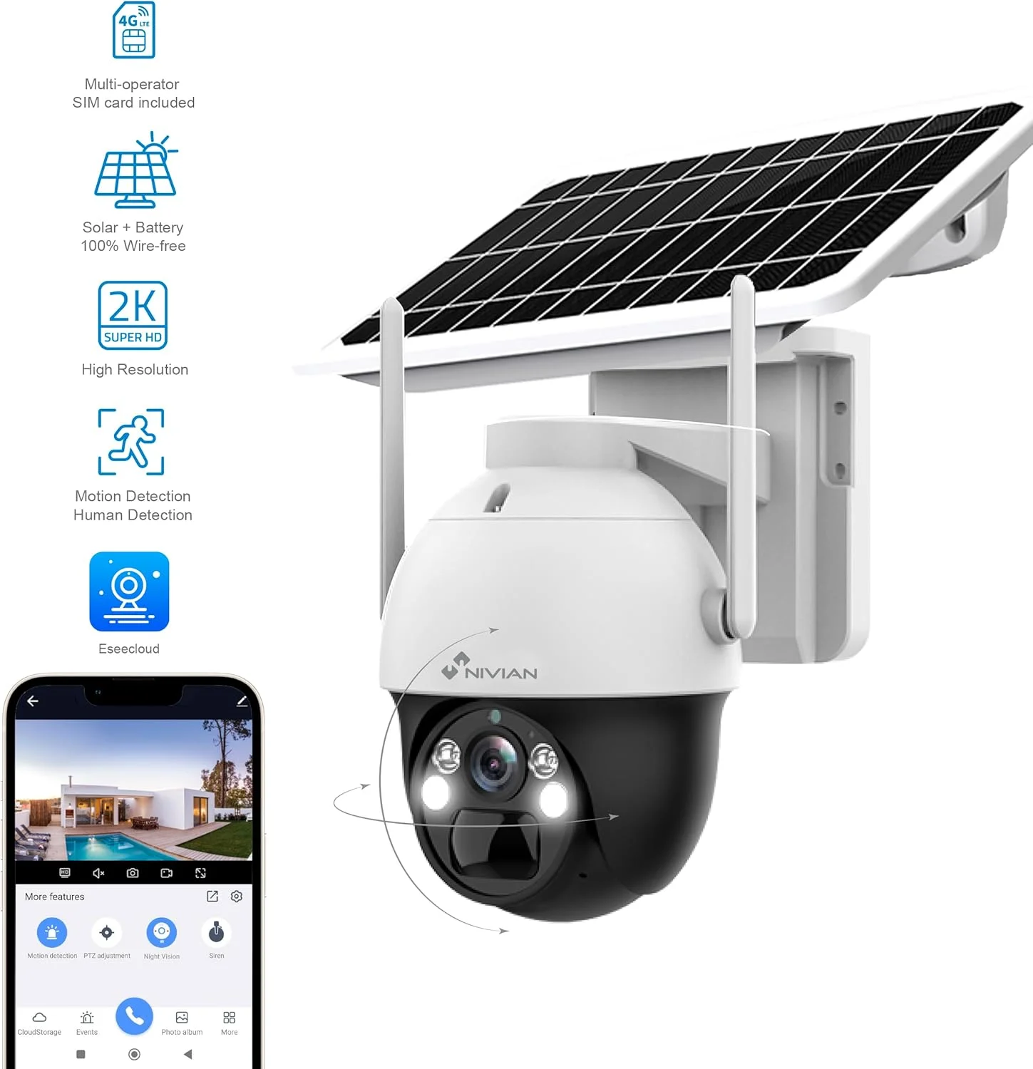 دوربین امنیتی 360 درجه نیویان 4G (سیم کارت) پنل خورشیدی 7 وات - 2K - تشخیص حرکت و انسان - مناسب برای استفاده در فضای باز - دید در شب + ال ای دی - صدای دو طرفه - برنامه EseeCloud