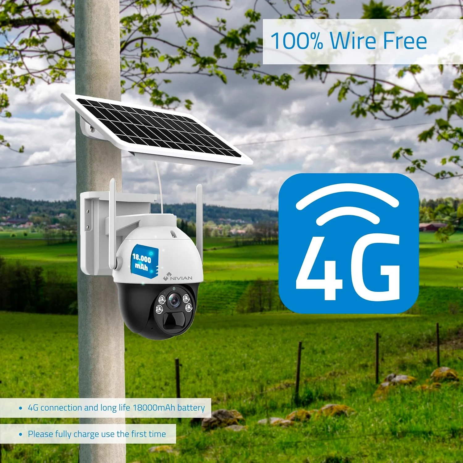 دوربین امنیتی 360 درجه نیویان 4G (سیم کارت) پنل خورشیدی 7 وات - 2K - تشخیص حرکت و انسان - مناسب برای استفاده در فضای باز - دید در شب + ال ای دی - صدای دو طرفه - برنامه EseeCloud