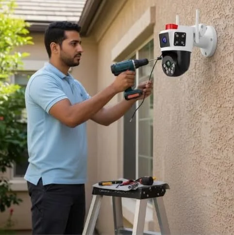 دوربین مداربسته بیرونی با 3 لنز، رزولوشن 12 مگاپیکسل Ultra HD، پشتیبانی از شبکه 5G و زوم 10X - سفید