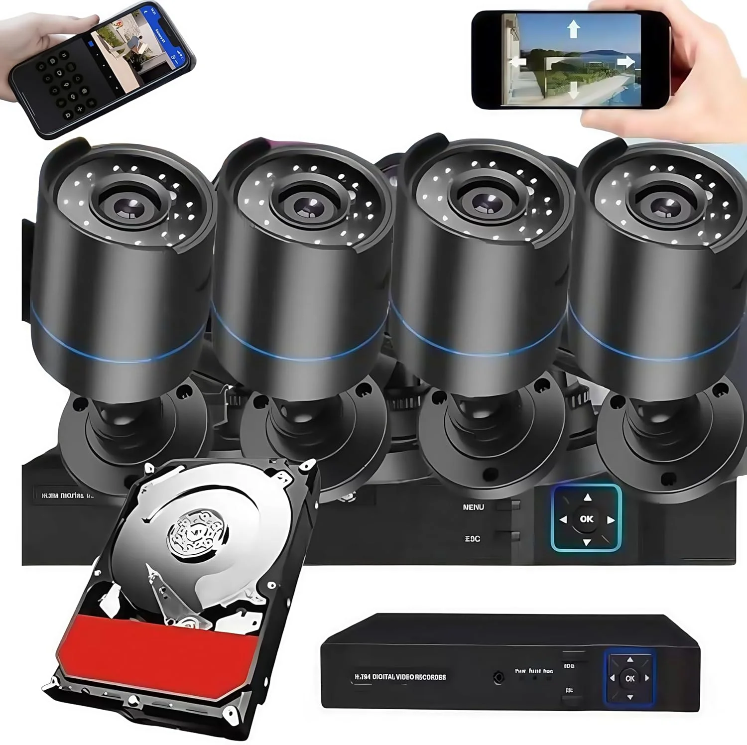 سیستم دوربین مداربسته ویدیویی DVR، 4 کانال AHD با هارد دیسک داخلی 512 گیگابایتی، دید در شب، 4 دوربین بولت ضد آب HD 1080P برای نظارت مداربسته داخلی/خارجی، شامل 4 کابل BNC 60 سانتی متری