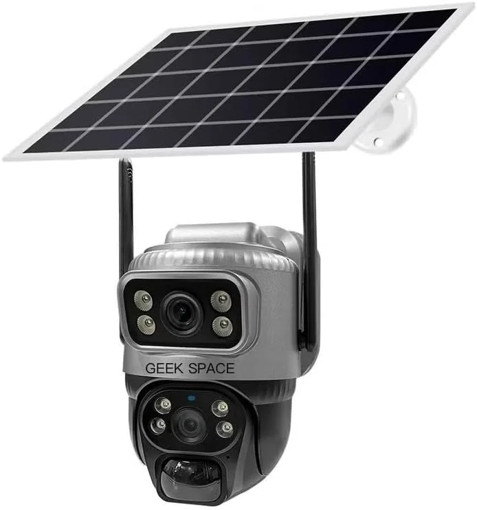دوربین مداربسته خورشیدی 4G GEEK SPACE، دوربین IP دو لنز 2K PTZ مناسب فضای باز با سیم کارت، چرخش 350 درجه افقی و 90 درجه عمودی، دید در شب رنگی، تشخیص حرکت، صدای دو طرفه، ضد آب IP66، ذخیره سازی ابری