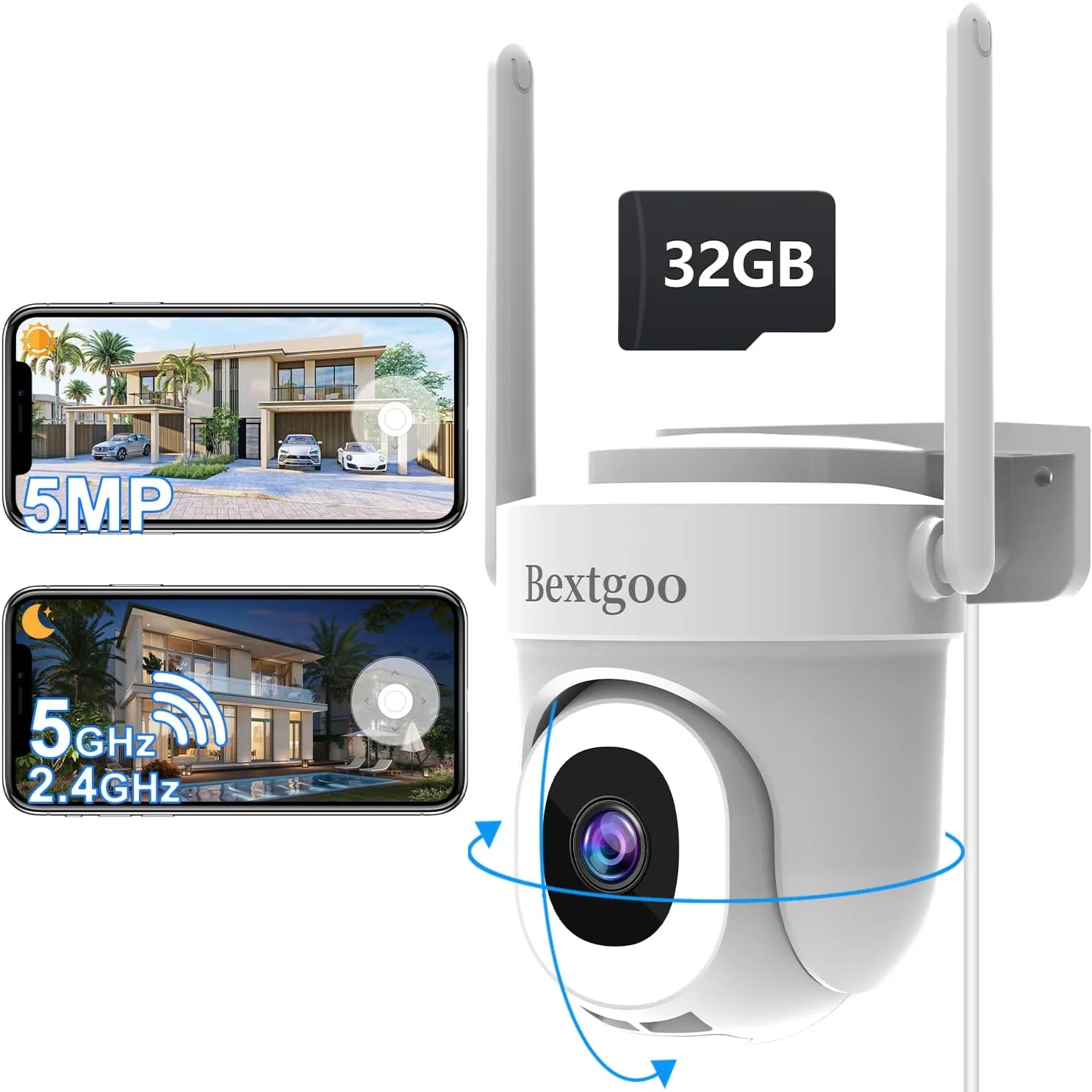 دوربین امنیتی 3K 5MP فضای باز، دوربین وای فای سیمی 2.4G/5GHz برای امنیت خانه با کارت TF 32 گیگابایتی - بدون هزینه اشتراک ماهانه، پخش ویدئو، ضبط 24/7، ردیابی حرکت 360 درجه، دید در شب رنگی (32 گیگابایت)