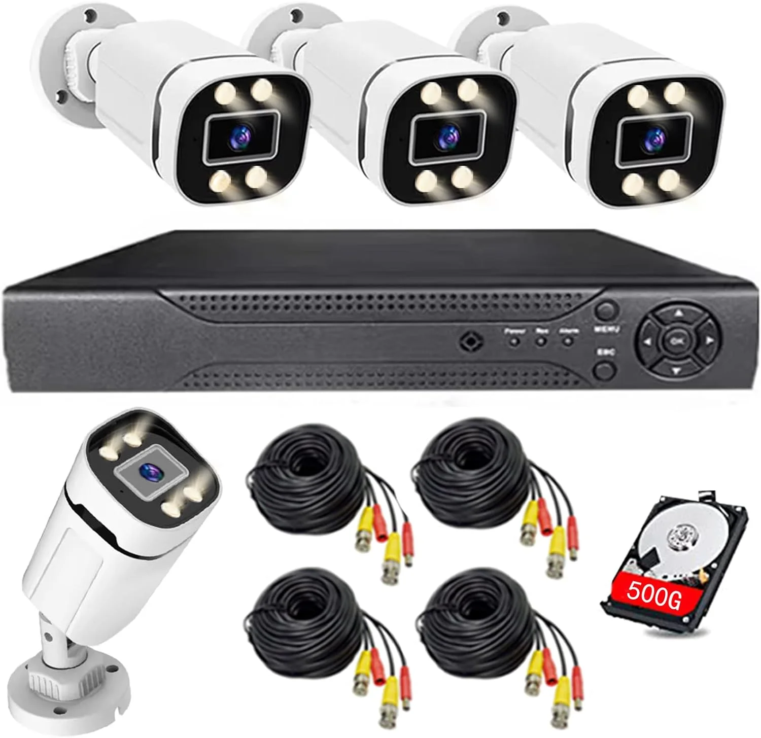 کیت سیستم امنیتی منزل 4 کانال DVR با 4 عدد دوربین بولت ضد آب 1080P آنالوگ AHD TVI CVI با لنز 3 مگاپیکسلی دید در شب رنگی، نظارت بیرونی، مجموعه مداربسته سیمی (شامل هارد دیسک 500 گیگابایتی) ضبط 24/7