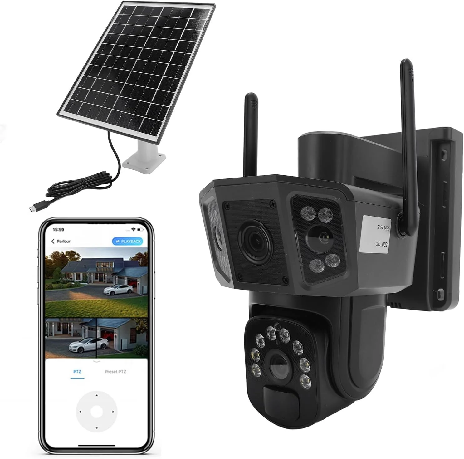 دوربین امنیتی خورشیدی 4K 8MP بی سیم WiFi، چرخش 360 درجه PTZ، تشخیص انسان PIR، صدای دو طرفه، نظارت با انرژی خورشیدی