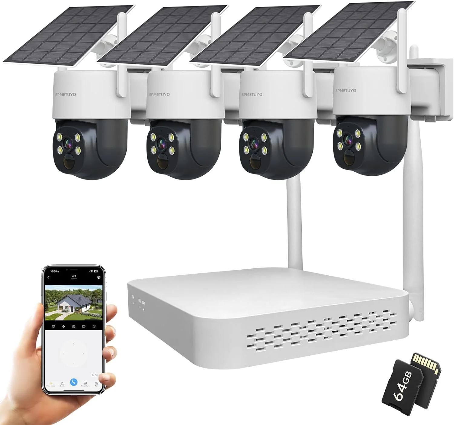 کیت امنیتی NVR وای فای: سیستم بی سیم 360 درجه فضای باز 4 دوربینه با دید در شب 2K/4MP - NVR وای فای 6 با کارت microSD 64 گیگابایتی، ذخیره سازی محلی، وای فای 5G و 2.4G - تشخیص هوش مصنوعی برای محافظت از خانه/خانواده