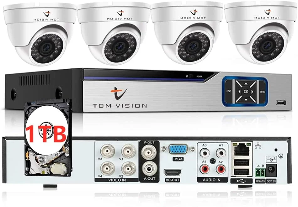 سیستم دوربین مداربسته خانگی Tomvision 2 مگاپیکسل 4 کانال، کیت DVR نظارتی با 4 عدد دوربین دام پلاستیکی داخلی (هارد دیسک 1 ترابایتی، 4 داخلی)