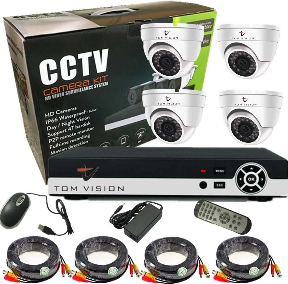 کیت دوربین مداربسته AHD چهار کانال Tomvision 960P/2.0MP، کیت 4 کانال با سیستم ضبط امنیتی DVR هیبریدی 5 در 1 1080N با 4 عدد دوربین دام پلاستیکی داخلی، سیستم هشدار و امنیت خانگی P2P Clouds