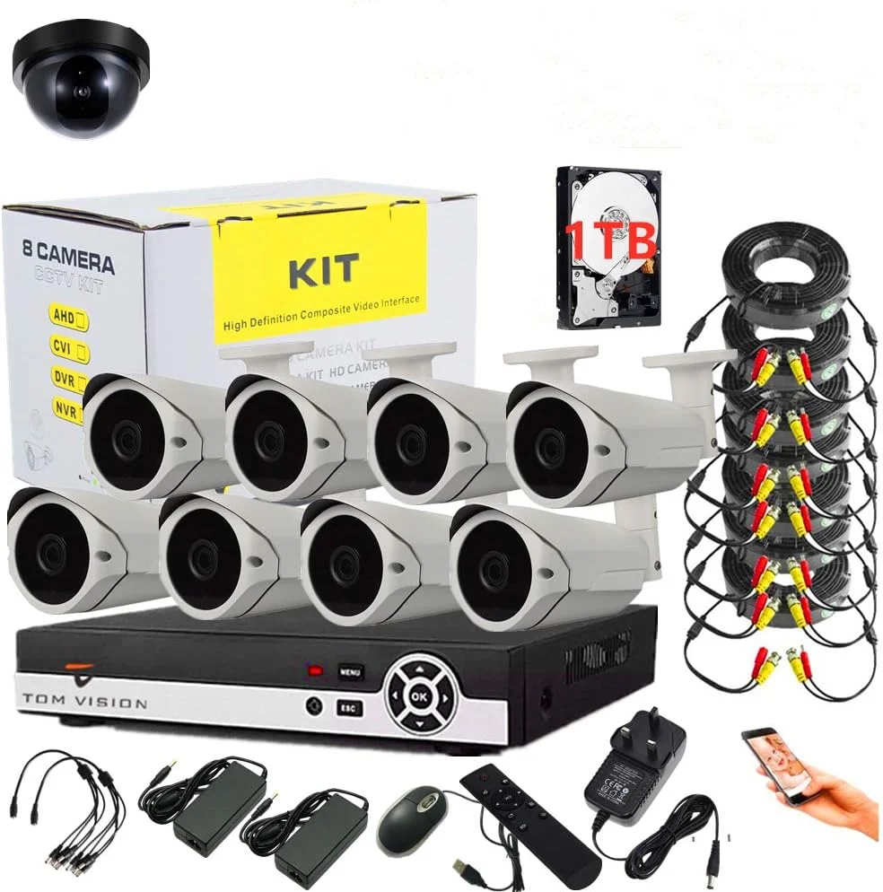 کیت نظارت تصویری 8 کاناله AHD Tomvision با سیستم ضبط امنیتی DVR 8 کاناله و 8 عدد دوربین بولت فلزی مشکی مناسب فضای باز، P2P Clouds برای امنیت خانه (کیت سفید + هارد)