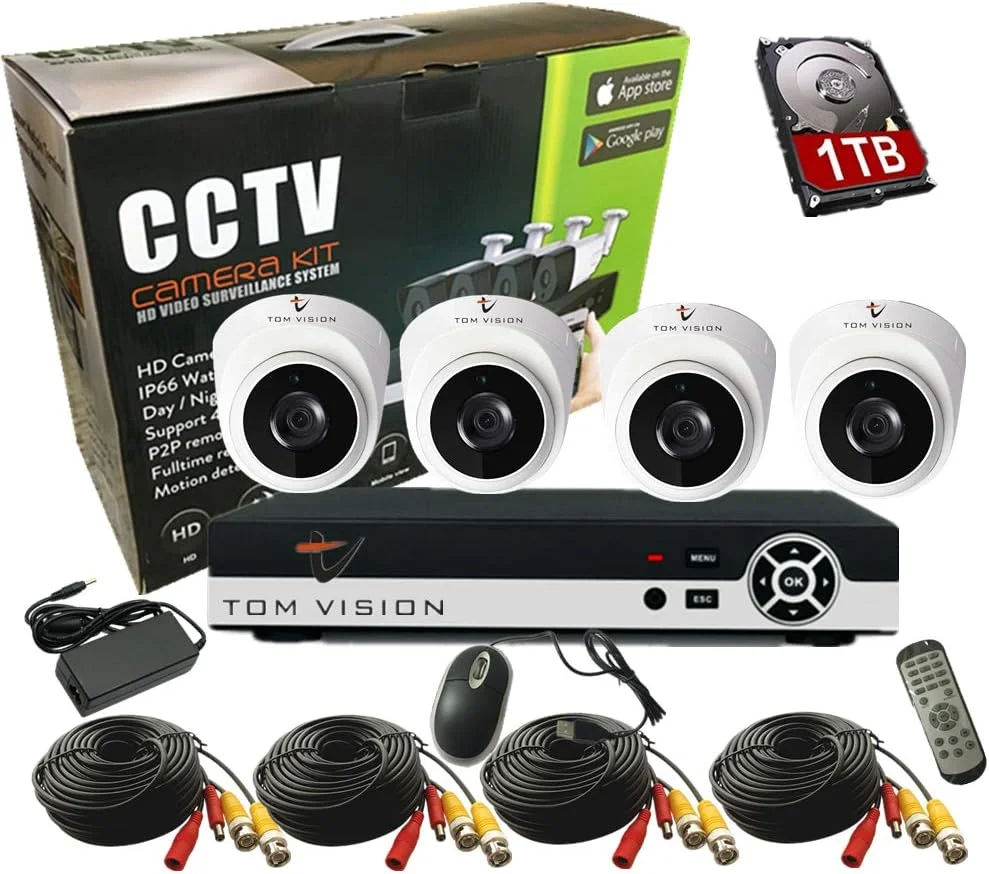 کیت دوربین مداربسته AHD چهار کاناله Tomvision با دوربین 1080P/2.0MP به همراه سیستم ضبط DVR امنیتی هایبرید 1080N با هارد دیسک 1 ترابایتی و 4 عدد دوربین دام پلاستیکی داخلی، سیستم هشدار و P2P Clouds برای امنیت خانه