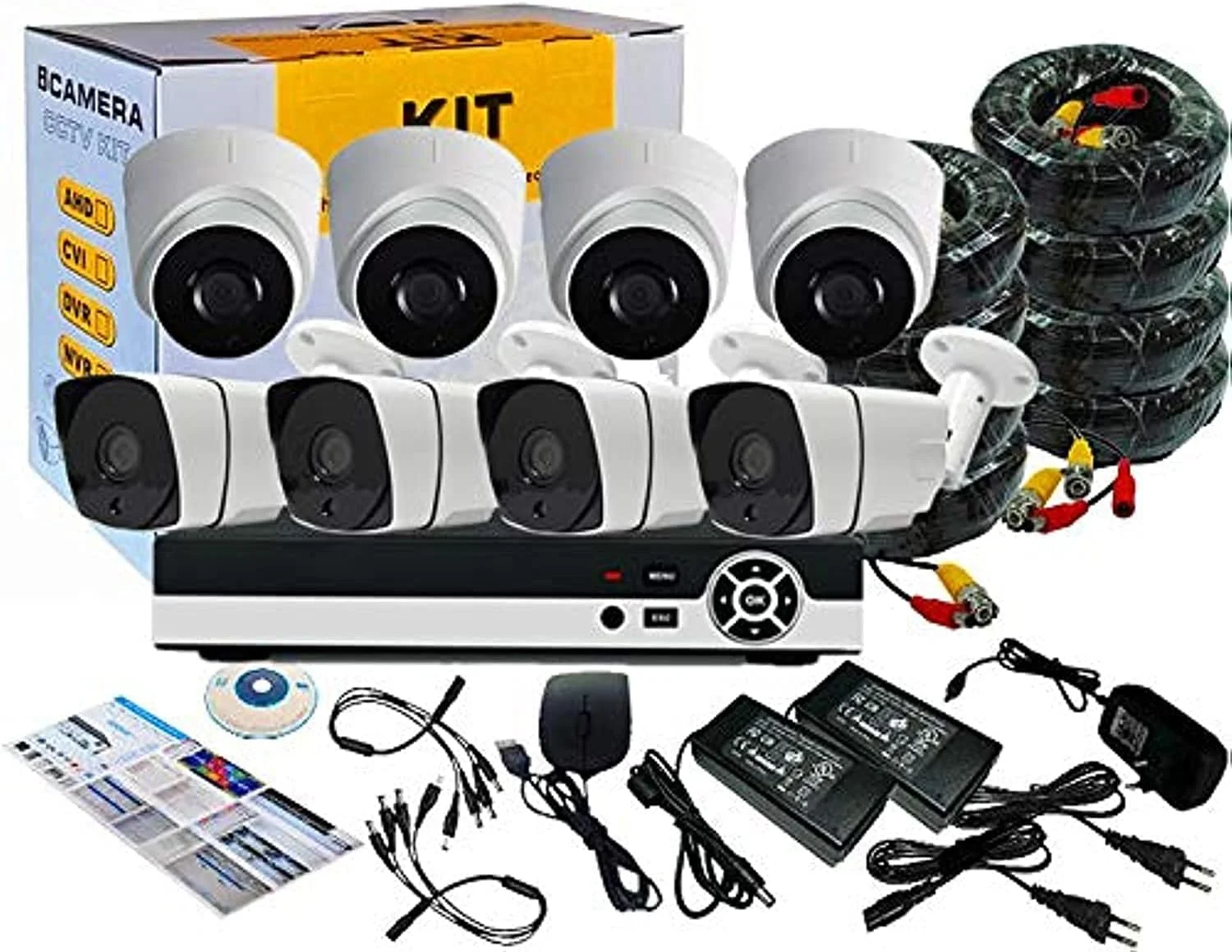 کیت دوربین مداربسته 8 کاناله AHD Tomvision با رزولوشن 2.0MP 1920X1080P به همراه سیستم ضبط DVR امنیتی هایبرید 5in1 1080N و 4 عدد دوربین بولت فلزی بیرونی و 4 عدد دوربین دام پلاستیکی و سیستم هشدار & P2P Clouds