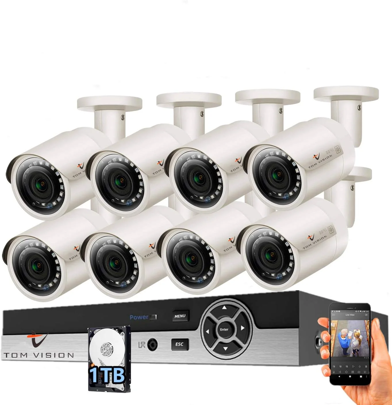 سیستم دوربین مداربسته 2K Tomvision، دستگاه ضبط ویدیویی 8 کاناله 2 مگاپیکسلی با 8 عدد دوربین 2.0 مگاپیکسلی ضد آب IP66 مناسب فضای داخلی و خارجی، سیستم امنیتی منزل P2P، دارای هارد درایو 1 ترابایتی، دید در شب 30 متری، مناسب برای خانه و کسب و کار