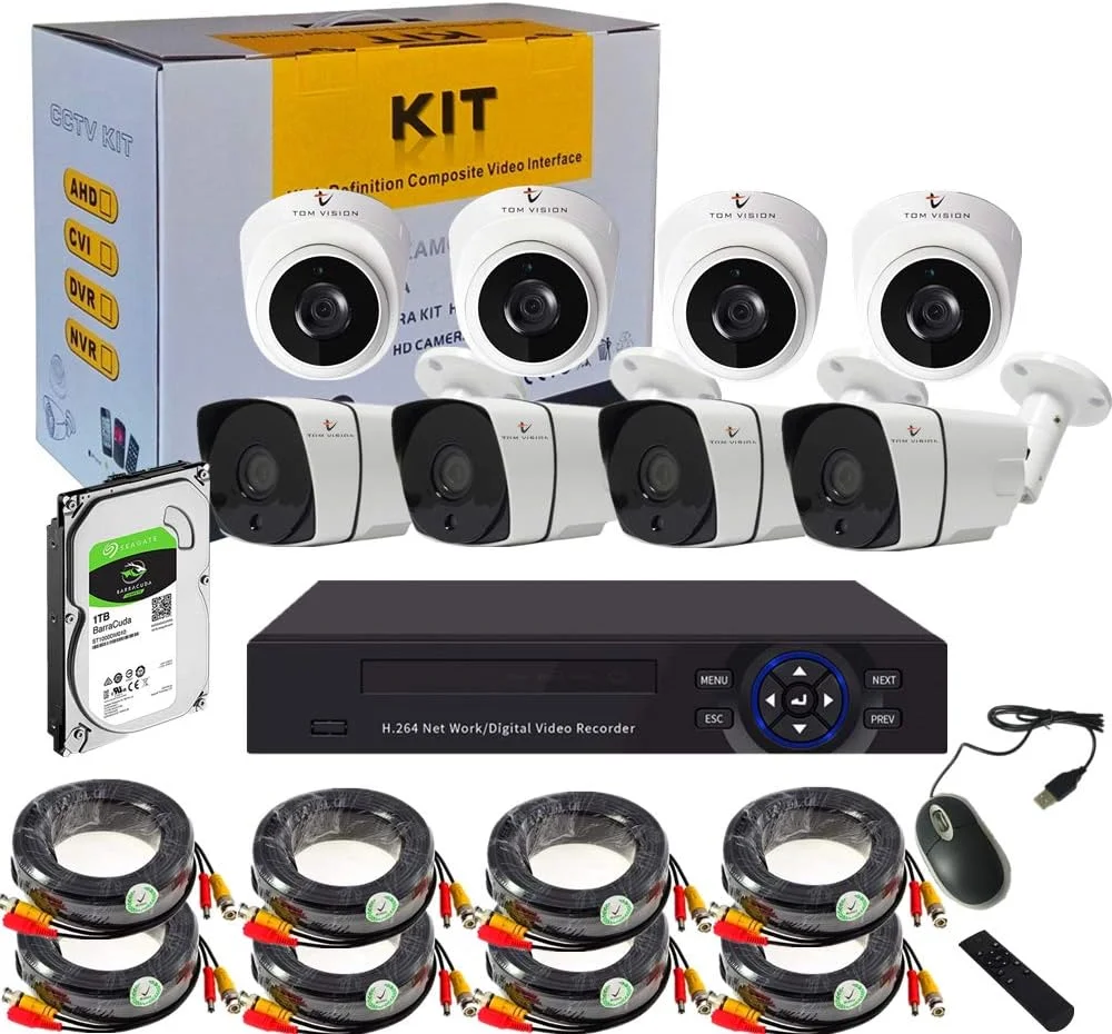 سیستم نظارت تصویری آنلاین Tomvision 8CH 1080P 5-in-1 DVR با هارد دیسک 1 ترابایتی از پیش نصب شده و 4 دوربین بولت ضد آب IP66 مناسب فضای باز و 4 دوربین دام مناسب فضای داخلی با دید در شب IR