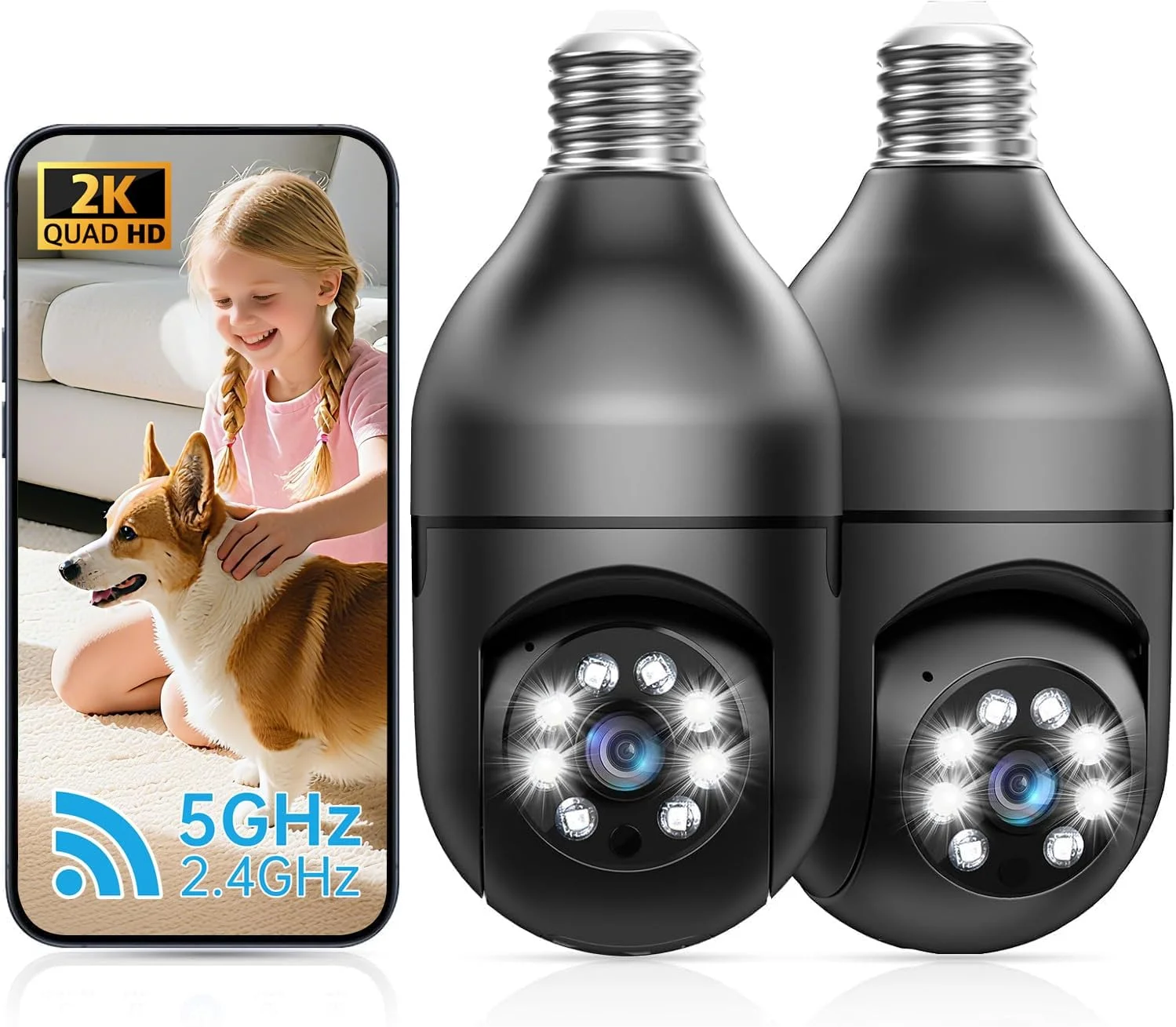 دوربین امنیتی لامپی 2K برای فضای باز، بسته 2 عددی - دوربین های تشخیص حرکت بی سیم 5G و 2.4 گیگاهرتزی برای امنیت خانه، ارتباط دو طرفه، دید در شب تمام رنگی، آلارم صوتی، نصب آسان